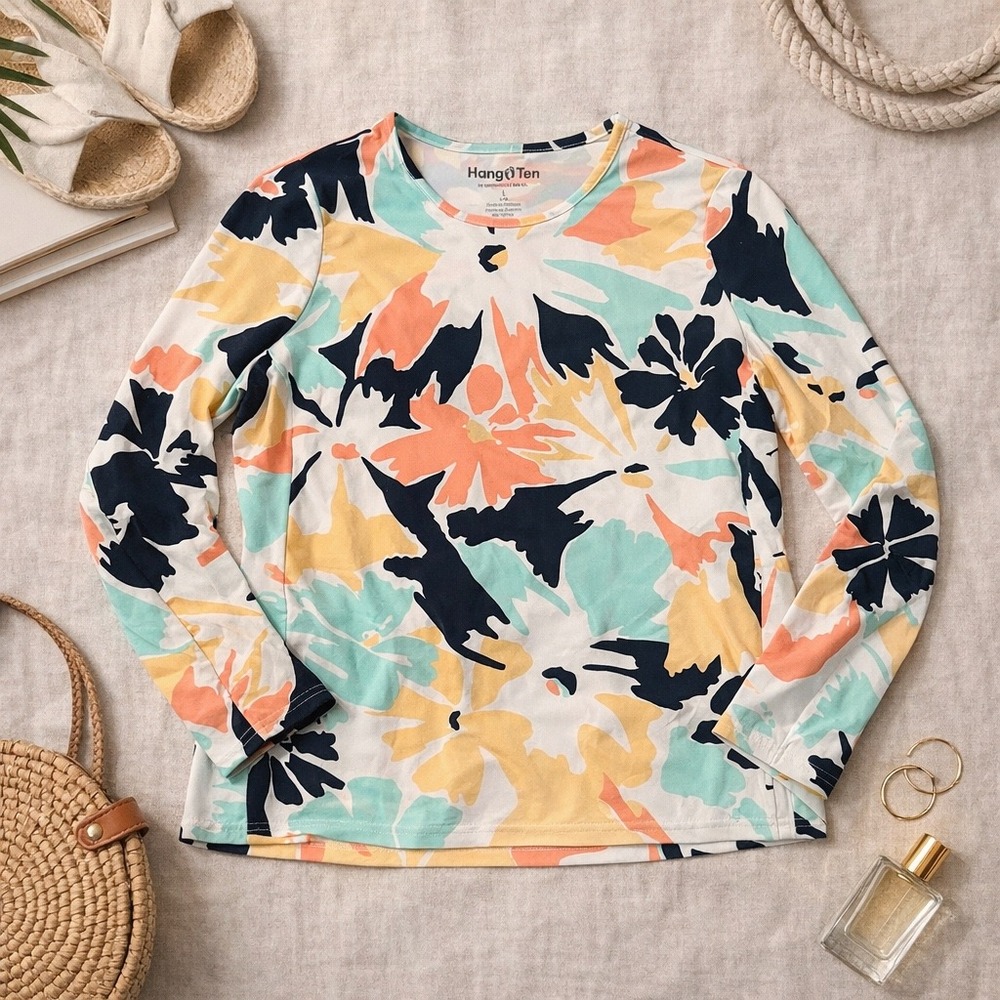 Hang Ten Womens UPF 50+ Sun Shirt Long Sleeve Floral Rash Guard Side Pocket L